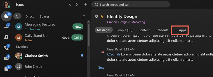 Screenshot of the +Apps button highlighted in Webex Messaging